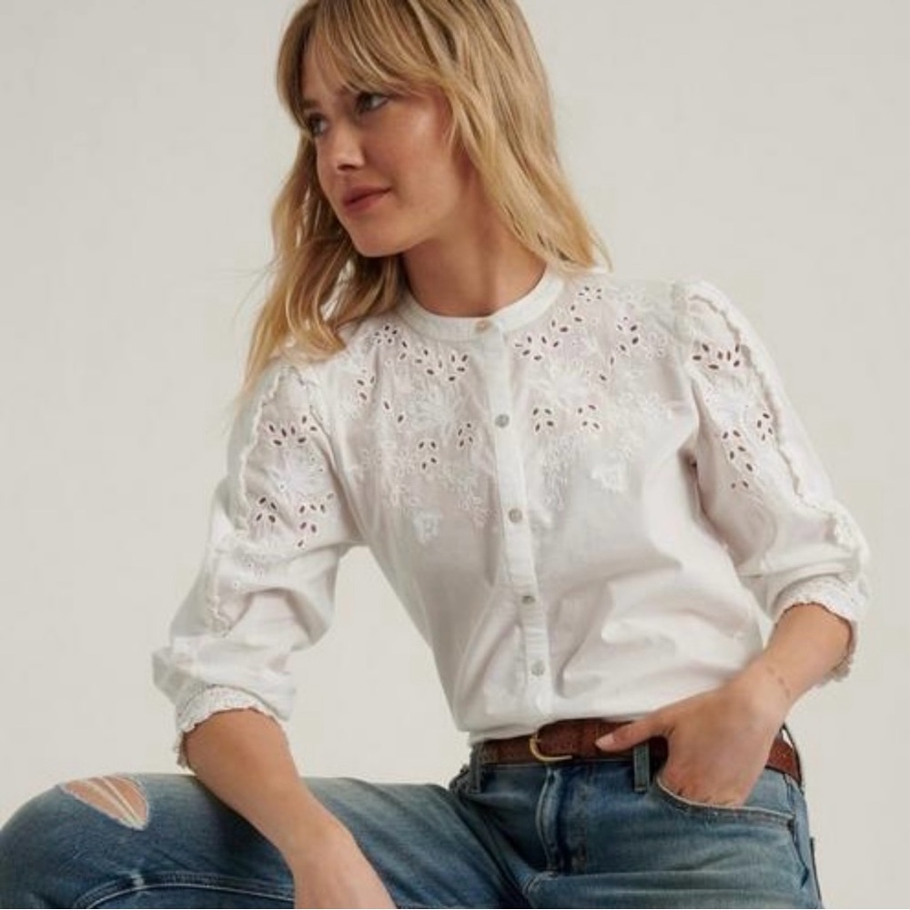 Lucky Brand white eyelet lace button down shirt blouse